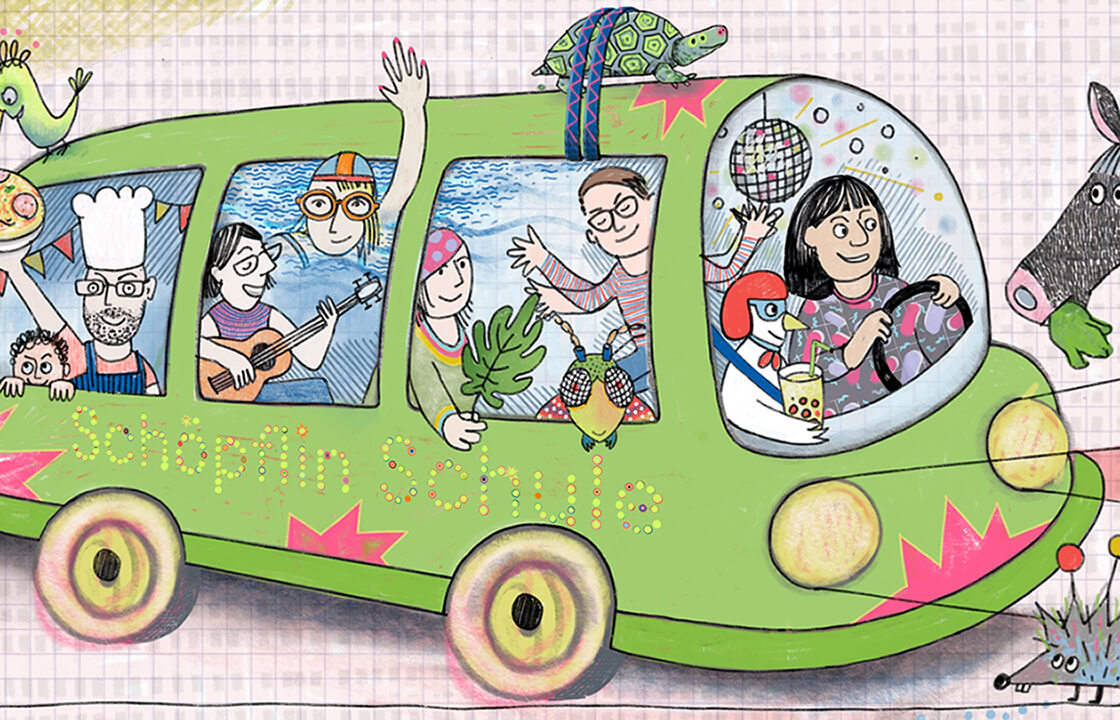 Zeichnung eines Schulbusses mit dem Schulteam.